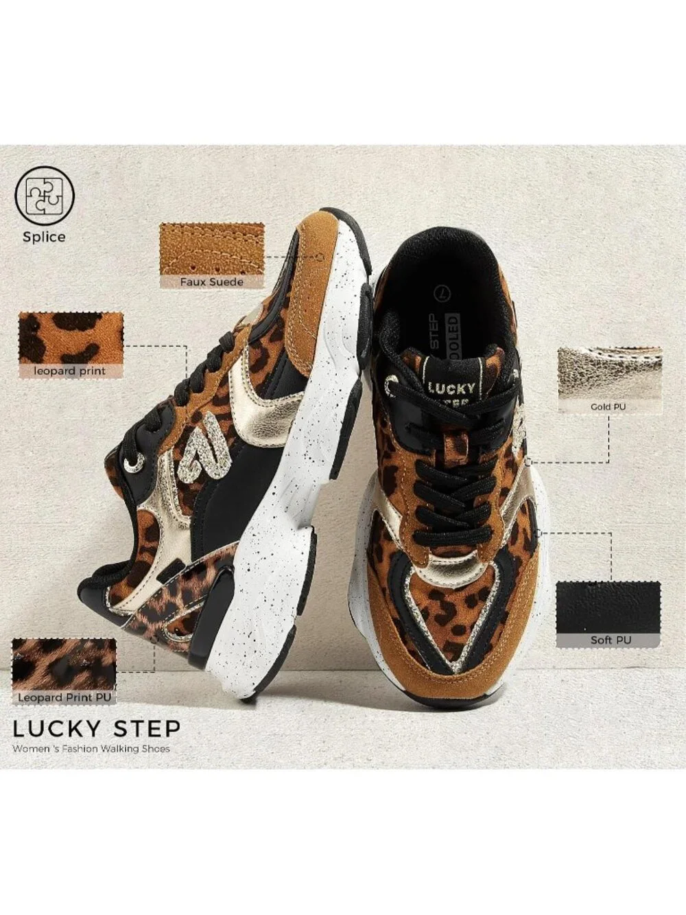 Women's Brown Leopard Lightweight Non Slip Chunky Color Block Fashion Sneakers